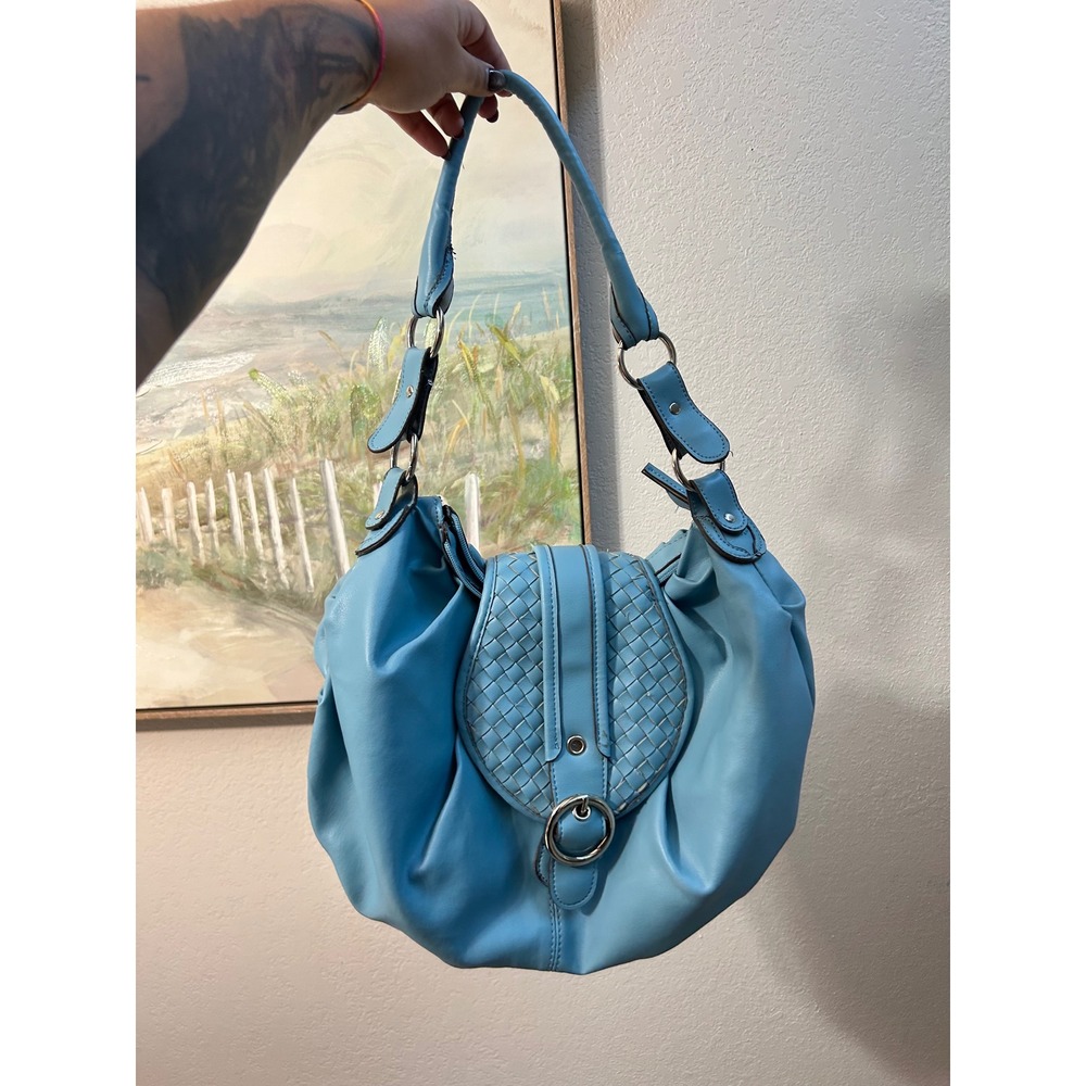 Y2K Sky Blue Slouch Hobo Shoulder Bag Woven Accent